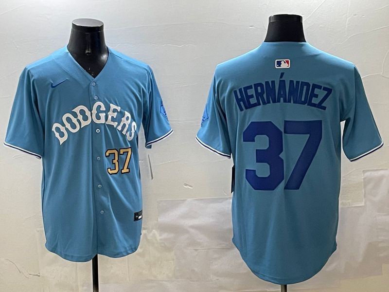 Men Los Angeles Dodgers #37 Hernandez Light Blue Joint Name 2025 Nike MLB Jersey style 9